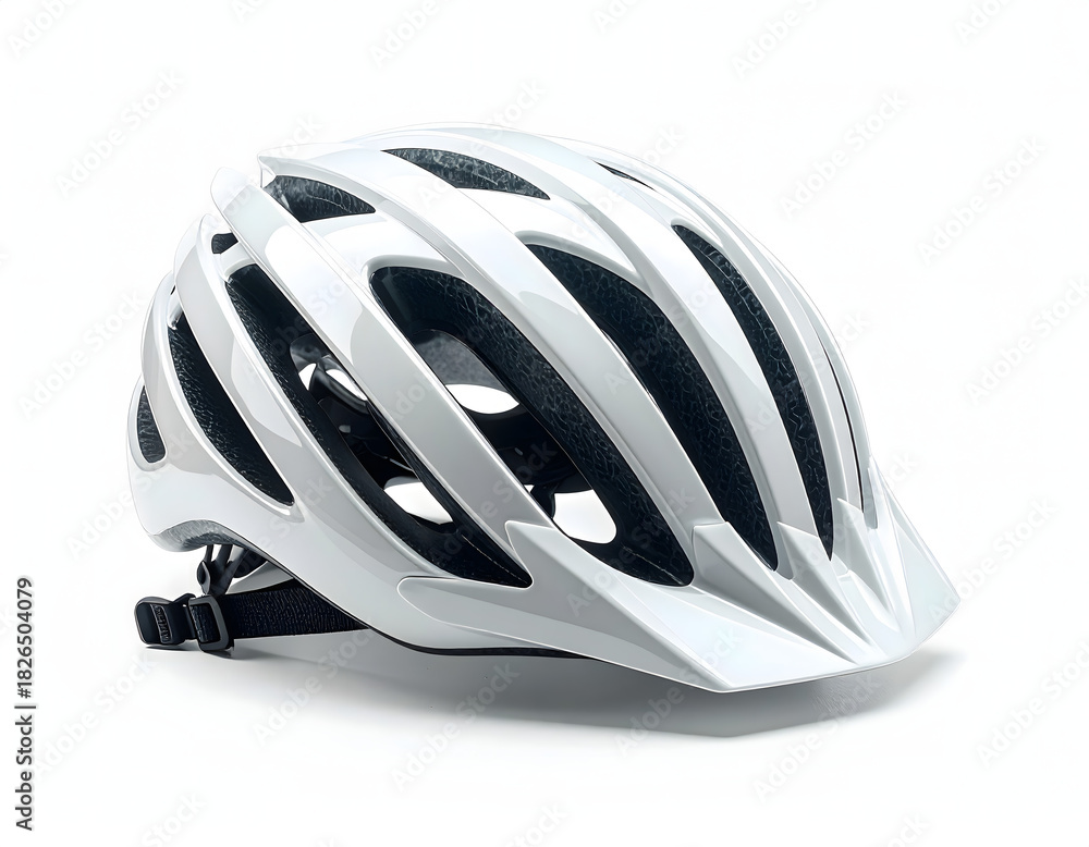 Fototapeta premium Black and white plastic bicycle helmet isolated on a white background for head protection and sport safety equipment