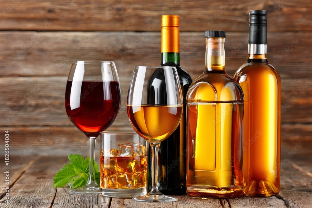 Fototapeta premium Assorted alcoholic drinks with wine and spirits on wooden table