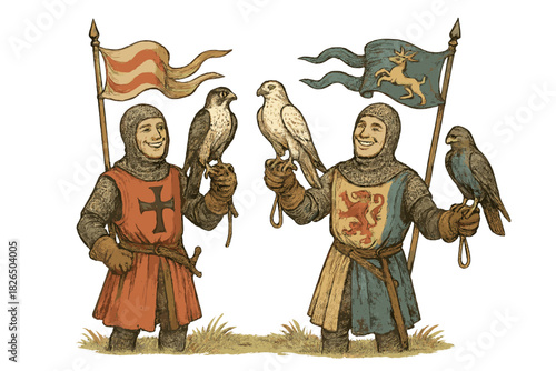 Medieval Falconry Celebration. Medieval falconry scene with smiling knights, falcons perched proudly, and banners waving in the