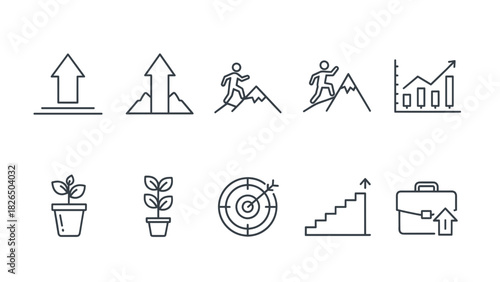 Line art icons depicting growth, success, and progress in business and personal development.