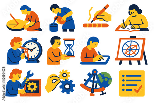 Timekeeping Icon Set. Flat vector icons of historical timekeeping workflow: observing sundial, filling water clock, marking