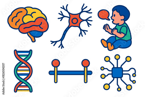 Biolinguistics in Vivid Colors. Isometric vector illustration set Biolinguistics: human brain sections, language-related neurons,