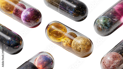 Surreal Cosmic Capsules Filled with Miniature Planets and Galaxies, Futuristic Space Concept