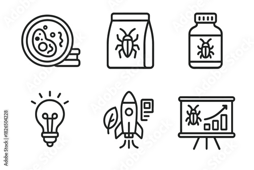 Innovative Food Icons. Line style icons of food innovation: lab-grown insect cell, cricket flour bag, bug protein isolate bottle,