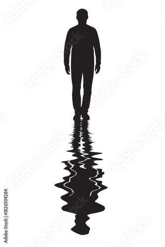 Silhouette of Man Standing with Distorted Wavy Water Reflection
