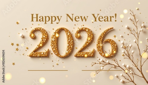 Luxurious Happy New Year 2026 greeting card with glittering gold numbers, stars, berries, and soft beige background.