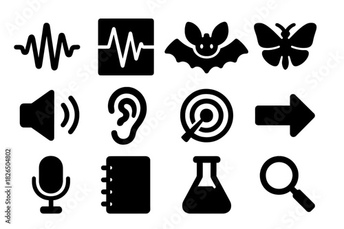 Bioacoustic Study Icons. Solid style icons of bioacoustic diagrams and study tools: sound wave, waveform graph, bat, moth, speaker