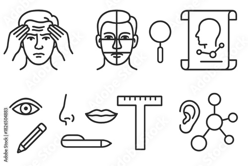 Ancient Character Analysis Icons. Line style icons of Ancient Character Study: Forehead Wrinkle Reading, Face Mapping, Character