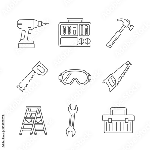 An essential collection of monochrome line art icons showcasing a variety of handy tools for construction, home renovation, and maintenance projects, ideal for DIY enthusiasts and professionals alike