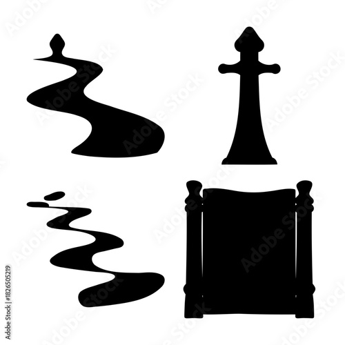 Abstract vector graphic silhouettes: path, chess, and panel