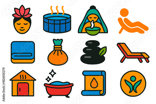 Wellness Icons Set. Flat vector icons of therapeutic and wellness elements: spa icon, hot water bath, steam inhalation, relaxation