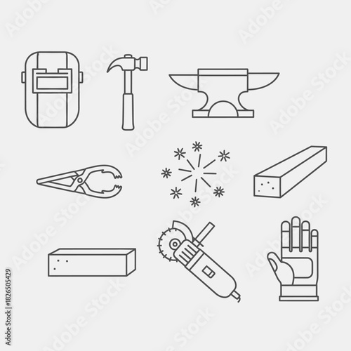 Set of linear icons representing tools and equipment for metalworking, welding, and blacksmithing, including anvil, hammer, and grinder