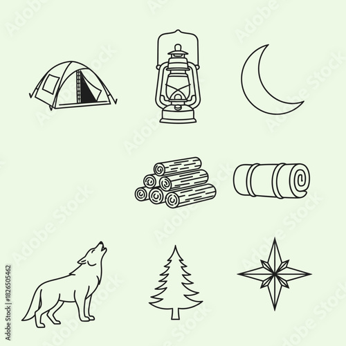 Camping and Outdoor Adventure Icon Set Tent, Lantern, Wolf, Moon, Logs, Compass, and Sleeping Bag