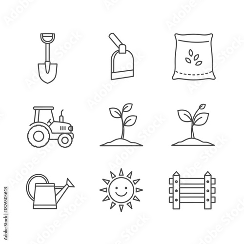 Gardening and farming icons including a tractor, shovel, watering can, seedling, and sun