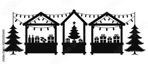 Christmas market stalls silhouette illustration with gifts, festive lights, christmas trees, and bottles, surrounded by pine trees, depicting holiday shopping, seasonal festivities, winter market