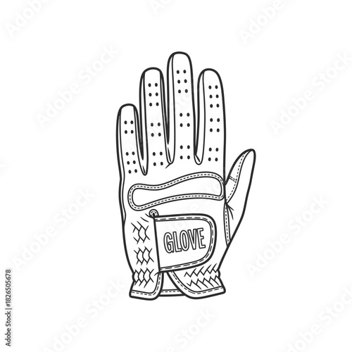 A detailed hand-drawn illustration of a golf glove. Vintage monochrome sketch of sports equipment for playing golf, isolated on a white background