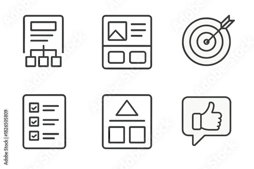 Microlearning Course Icons. Line style icons of microlearning course design: content breakdown icon, storyboard card,