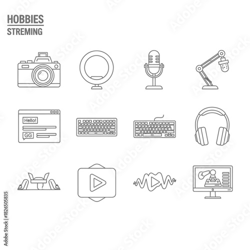 Streaming and Hobby Icons Microphone, Camera, and Headphones Illustrated, for Digital Media