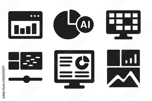 Visualization Tools Icons. Solid style icons of visualization tools for procurement: bar graph dashboard, pie chart with AI ring,