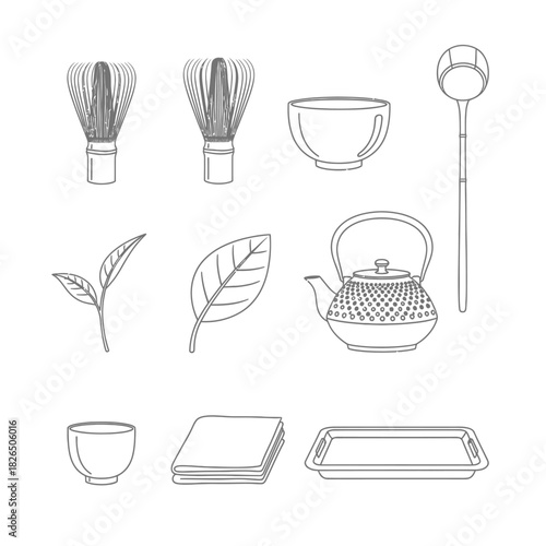 Collection of Japanese tea ceremony utensils, including a whisk, bowl, scoop, and teapot