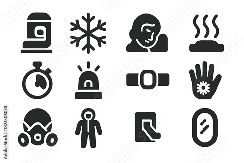Frozen Voyage Icons. Solid style icons of Frozen Voyage: Cryo Chamber, Ice Crystal, Sleeping Passenger, Frost Vapor, Timer Device,