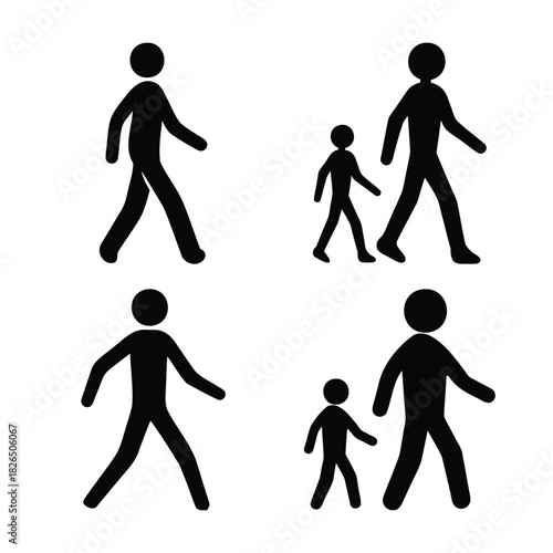 Walking human silhouettes, adult and child figure symbols.