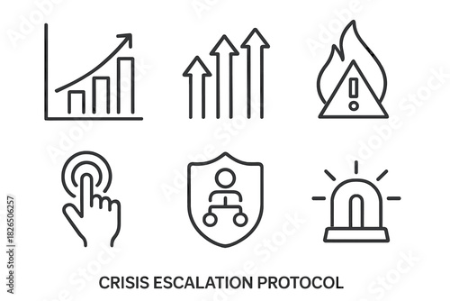 Crisis Escalation Icons. Line style icons of crisis escalation protocol: escalation chart, priority level arrows, critical