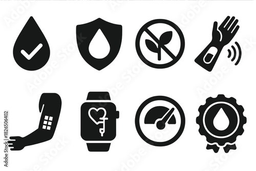 Smart Ink Icons. Solid style icons of safe and smart ink tech: hypoallergenic AI ink drop, smart pigment seal, toxin-free symbol.