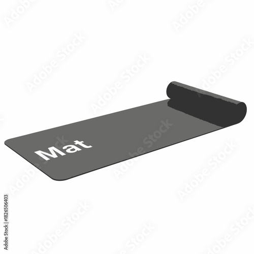 Stylized vector graphic of a dark grey fitness mat, partially rolled, representing essential equipment for yoga, Pilates, and various home workout routines