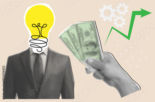 Trendy halftone collage , businessman, with light bulb instead head and hand giving dollar money,investing  business startup concept,gears and arrow,cut out elements from paper