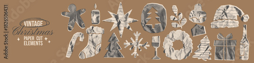 Vintage Christmas paper cut element set with crumpled halftone texture. Irregular rip paper tree, wreath, star, stocking, gift box, hat, gingerbread figure. Retro cutout scrapbook with torn edges.