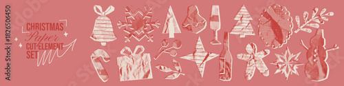 Christmas paper cut element set. Irregular crumpled paper with crumpled halftone texture. Retro collage rip shapes. Vector scrapbook winter cutout snowflake, tree, star, gift box, snowman.