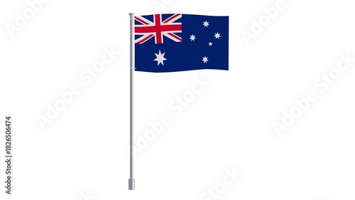 Animated design of the Australian flag on a waving white flagpole against a white background