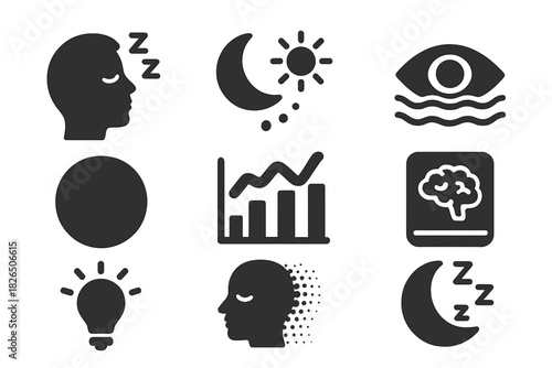 Hypnagogic Icon Set. Solid style icons of hypnagogic state exploration: edge-of-sleep icon, twilight glyph, vision flux badge.