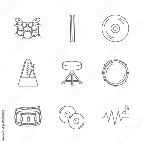 Set of linear icons for music production and drumming equipment, including a drum kit, metronome, cymbals, snare, and a sound wave symbol for rhythm concepts