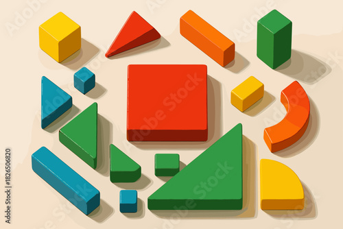 Vibrant Wooden Blocks. Creative arrangement of brightly colored wooden blocks on a vector illustration clean surface, vibrant