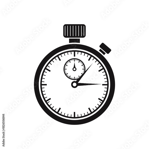 Minimalist black and white illustration of a classic stopwatch, symbolizing time, speed, and measurement