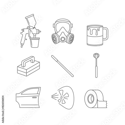 A comprehensive set of linear icons representing tools and equipment for automotive spray painting, auto body repair, and vehicle refinishing