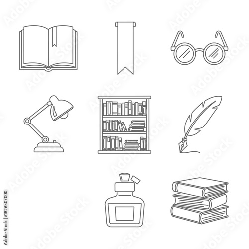 Collection of school and office supplies including books, a desk lamp, eyeglasses, a quill, and an inkwell, all rendered in a minimalist line art style