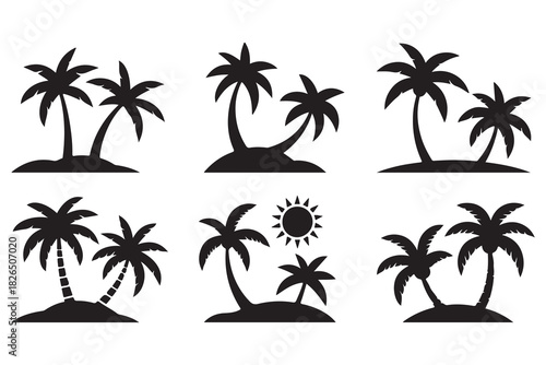Tropical island palm tree silhouette icon on white background
