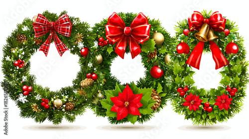 Set of three festive Christmas wreaths with red bows, berries, baubles, and poinsettia, isolated on white background. Holiday decoration.
