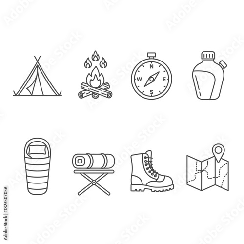 Camping Icons Set Explore the Outdoors with Adventure-Themed Line Drawings and Symbols