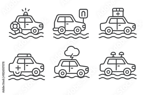 Amphibious Cars Icons. Line style icons of amphibious cars in disaster response: flood rescue vehicle, submerged road drive,
