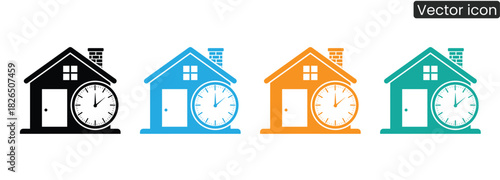 Colorful houses with clocks represent real estate time management, punctual appointments, deadlines for buying, selling, moving, or renting. A visual for efficiency.