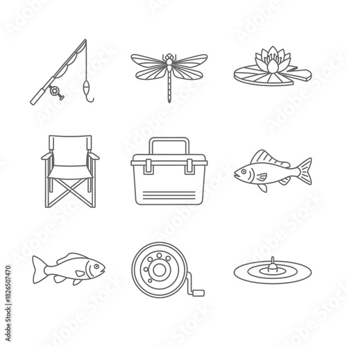 A collection of outline icons representing recreational fishing, including a rod, reel, tackle box, and lake life elements