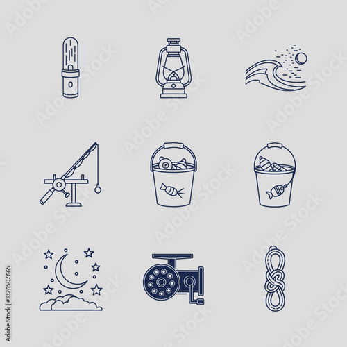 Minimalist line icons for outdoor adventures, featuring fishing tackle, camping equipment, lanterns, a night sky, and nautical knots. Perfect for recreation and nature enthusiasts