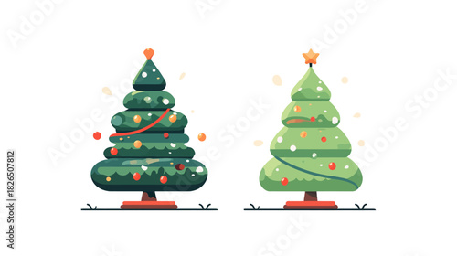 Set of two festive cartoon Christmas trees with star toppers and colorful decorations, vector holiday illustration