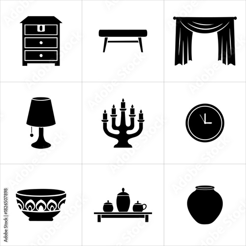 Collection of various home furniture and decorative items isolated on white background