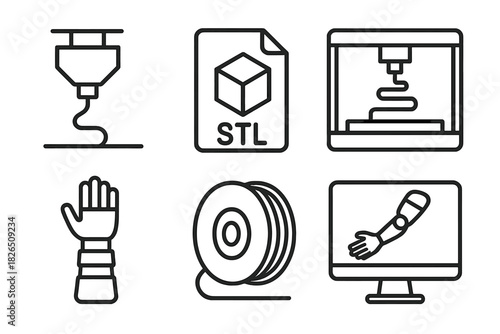 3D Printing Prosthetics Icons. Line style icons of 3D printing for prosthetics: printer nozzle, STL file icon, printing bed, layer