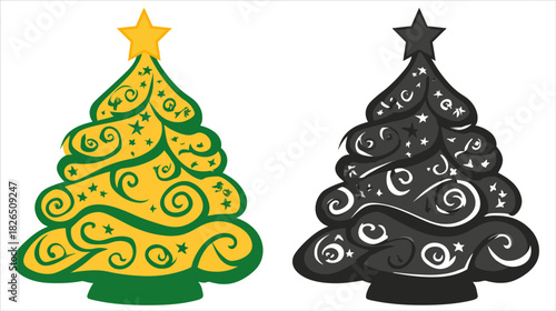 Stylized Christmas Trees Vector Illustration. Festive Green and Black Holiday Season Design Elements with Star Toppers and Decorative Swirls.